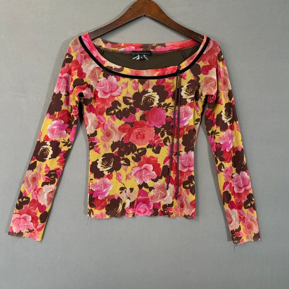 Weston Wear Y2K Mesh Floral Top M Sheer Overlay Long Sleeve Stretch Blouse